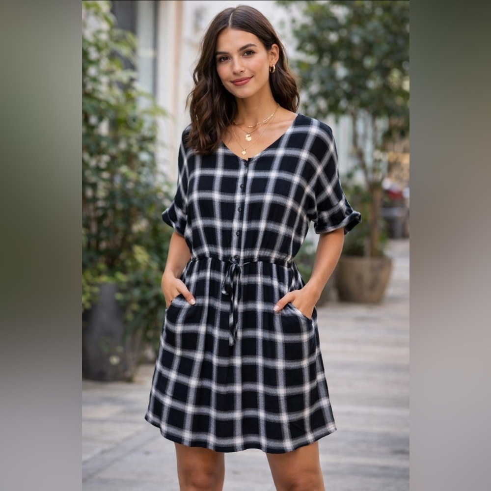 Ellison Plaid 3/4 Sleeves Drawstring Waist Pockets Lightweight Mini Dress Medium